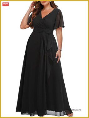 Plus Size Formal Dress V-Neck Short Sleeve Chiffon Long Bridesmaid Gown